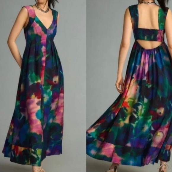 Anthropologie Dresses & Skirts - NWT Anthropologie Watercolor Printed, Size Large, A-Line Maxi Dress Back Cut-Out